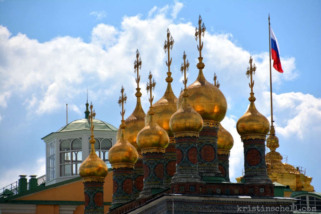 Golden Domes inside the Kremlin with Russian Flag  kristinschell.com